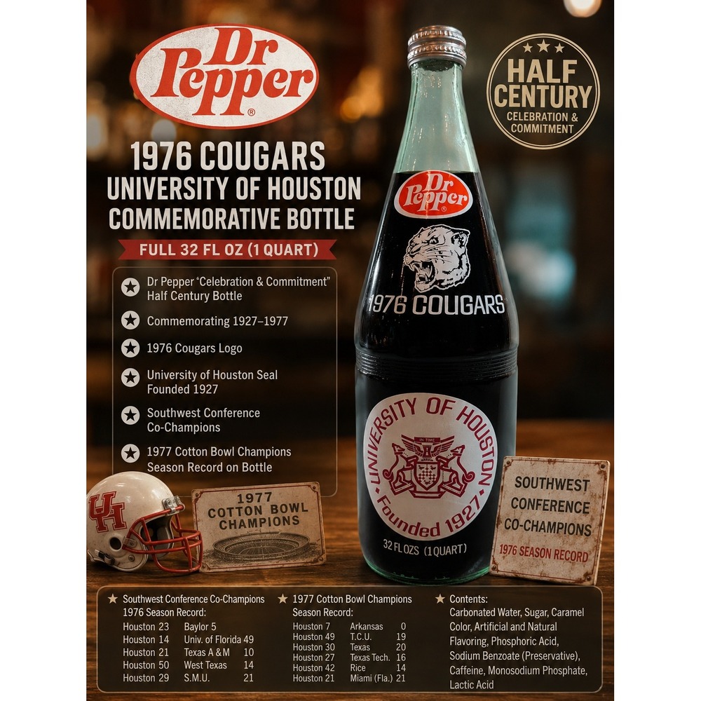 Vintage 1977 Dr Pepper University of Houston 50th Anniversary Bottle Full 32oz